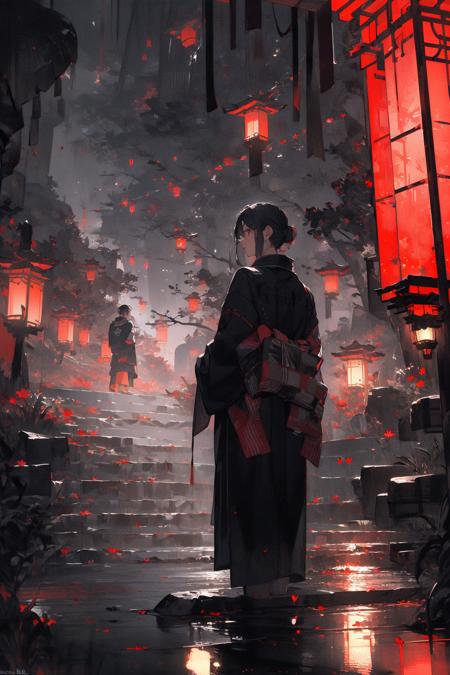 16854-3397245816-(masterpiece_1.2), best quality,realistic,Tyndall effect,_night, lantern, tree, scenery, outdoors, 1boy, solo, black hair, japan.png